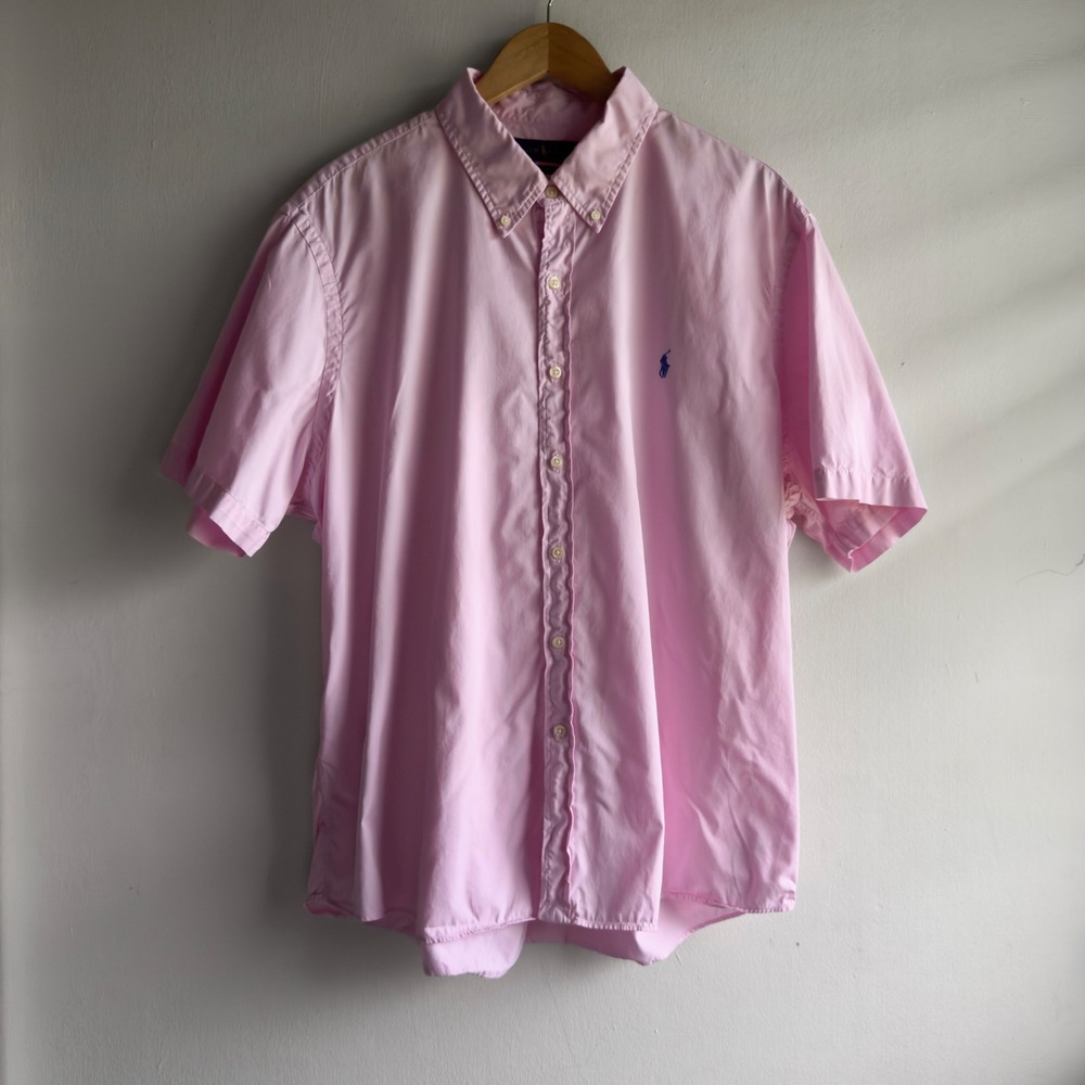 Ralph Lauren Feather Weight Twill Shirt Mens XXL Pink Short Sleeve Preppy Pony